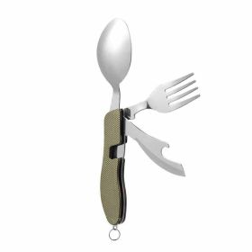 4 In 1 Outdoor Tableware Set Camping Cooking Supplies Stainless Steel Spoon Portable Fork Knife Multifunction Folding Portable Pocket Kits Bottle (Color: green)